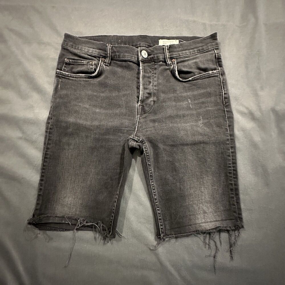 Allsaints Switch Jean Shorts Men's 32 Button Fly Black Denim Frayed Hem Bermuda